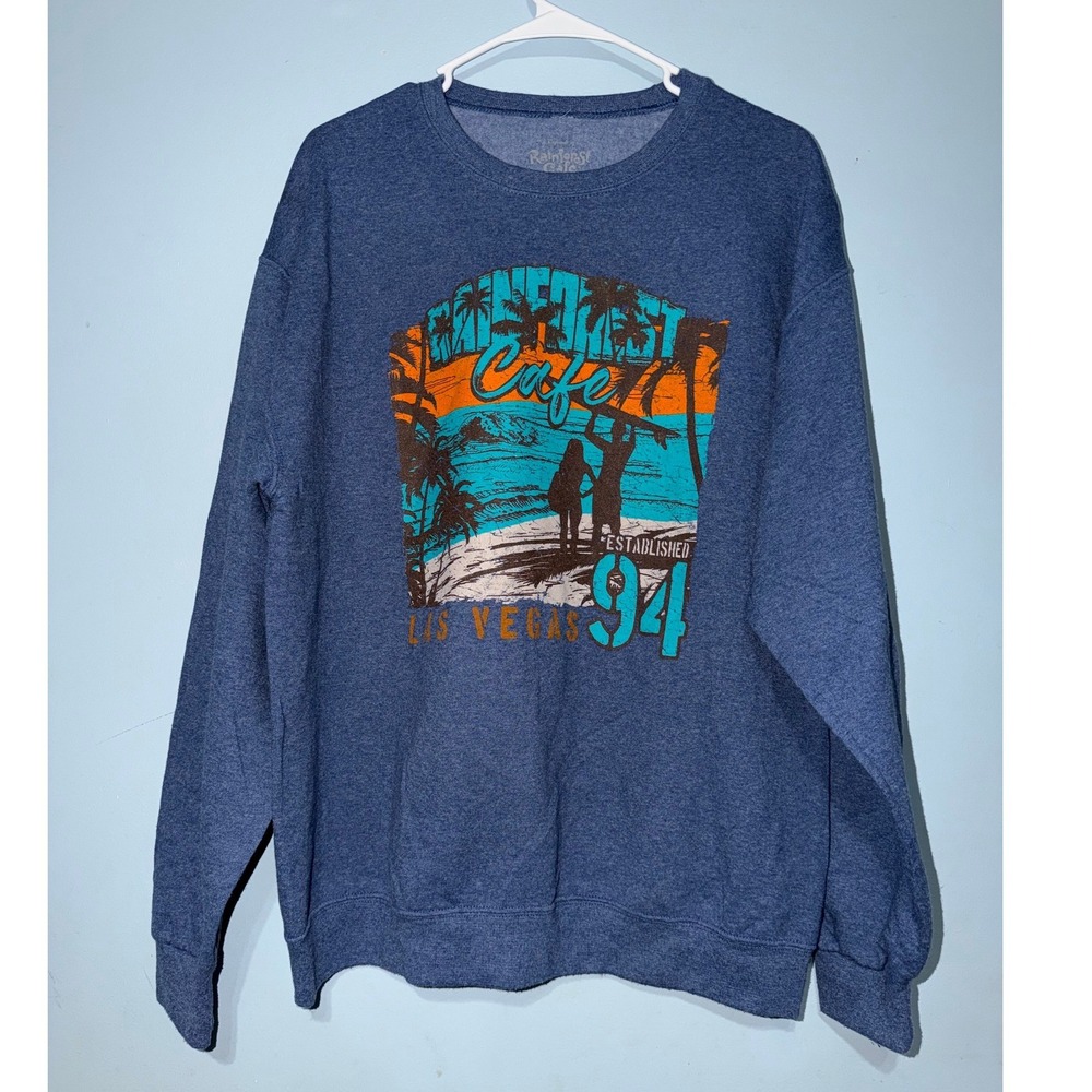Rainforest Cafe Las Vegas Sweatshirt Men's L Blue Graphic Crewneck Fleece 1628